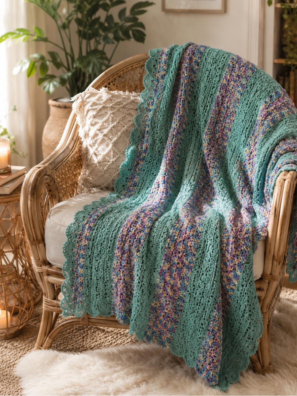 Title: Vintage Handmade Crochet Afghan Blanket – Teal Multicolour Scalloped Edge